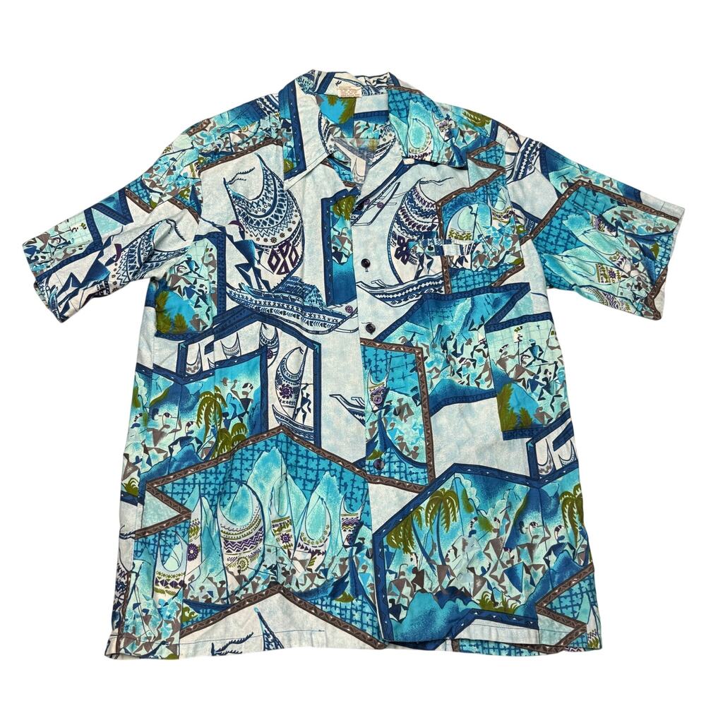Vintage 1970s Barefoot in Paradise Scenic Cotton Hawaiian Loop Shirt Men’s Large